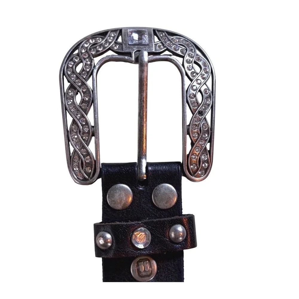 BKE Womens Black Leather Western‎ Belt Crystal Studded Silver Buckle Size S